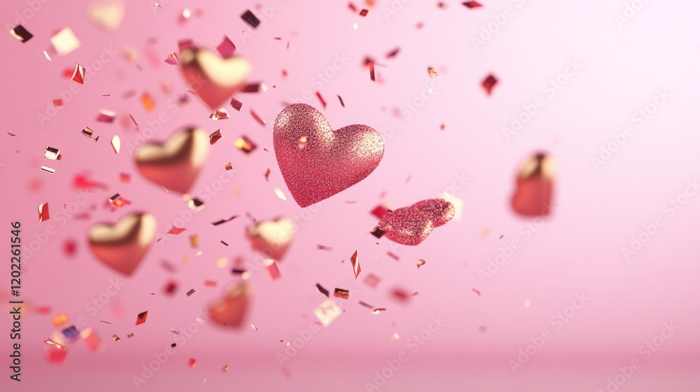 Poster pink background with floating hearts and confetti creating a romantic atmosphere, perfect for valent