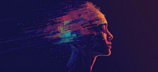 Artificial Intelligence and Data Abstract digital background with circuit board lines, binary code, data stream in shape of human head profile for artificial intelligence technology Generative AI 