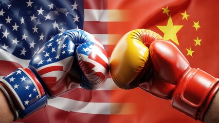 USA vs China: Symbolic Boxing Gloves Representing Global Competition and Geopolitical Rivalry
