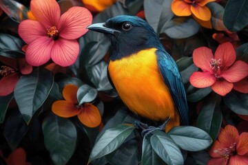 Fototapeta premium tropical birds and exotic flowers in vibrant neon colors, geometric patterns overlay, modern digital collage style