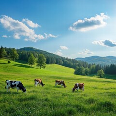 Cows grazing peacefully on a lush green meadow under a clear blue sky in the countryside during daylight hours. Generative AI