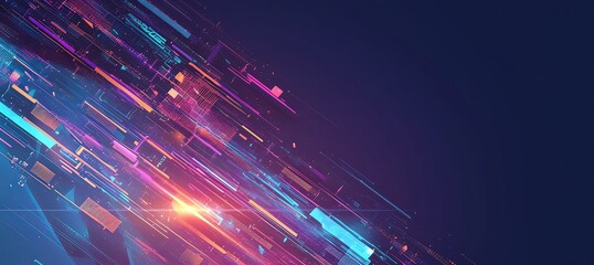 Abstract futuristic design featuring colorful laser beams and light lines on a dark blue background, with a glowing cybersecurity symbol representing data transfer and technological innovation.