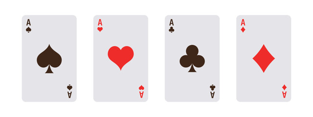 Card suits. All types of playing, poker cards on white background. Vegas casino red and white poker cards in row. Gambling addiction, risky money, lucky game. Vector illustration.