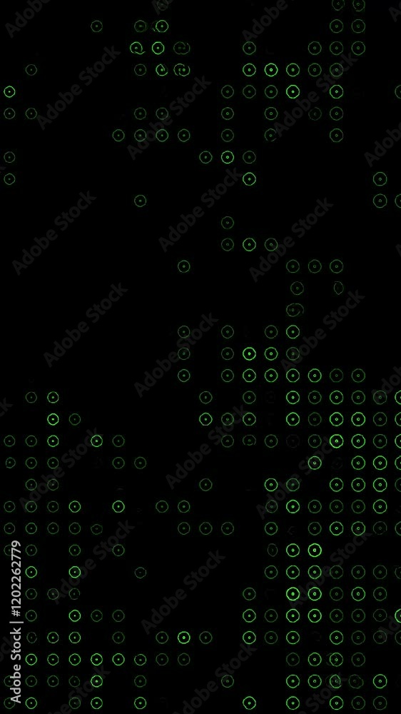 Poster vertical video abstract design with green dots forming a grid-like pattern on a black background, ev