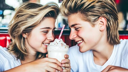 Two teenagers sharing a milkshake at a retro diner, their soft, dreamy eyes meeting in a quiet, tender moment.