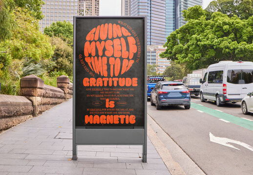 Customizable vertical advertisement Sign Mockup in Sydney, Australia With City Backdrop