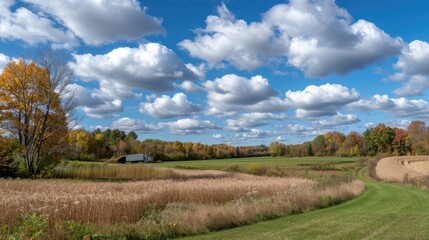 A harvester collects ripe wheat from a vast farmland, with golden crops stretching across the field. The clear blue sky filled with fluffy clouds sets a picturesque autumn backdrop for the harvest