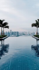 Fototapeta premium Enjoy a serene moment at an infinity pool surrounded by palm trees, with a city skyline in the background. The overcast sky enhances the tranquil atmosphere