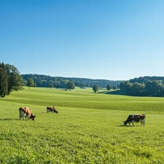 Cows grazing peacefully on a lush green meadow in a serene landscape during bright daylight. Generative AI