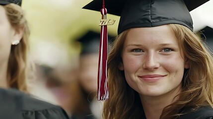 A high school graduate in a cap and gown, their sharp eyes radiating pride and confidence in their achievement.