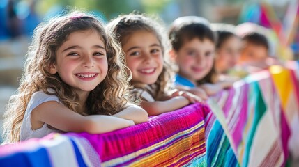 Fototapeta premium A group of smiling children with curly hair gathered around a colorful fabric display, enjoying a sunny day outdoors