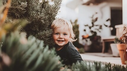 A young boy hiding behind a tree with a sly smile, his playful eyes glinting with mischief as he peeks out.