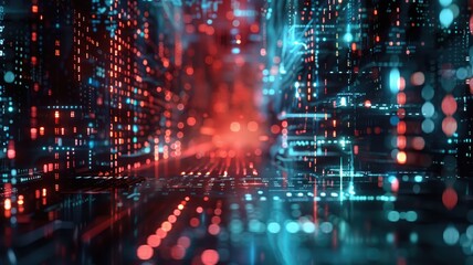 Obraz premium Abstract picture with digital style scenery, high tech building scatter around glow fantasy neon light. Cyberspace scene with technology design construction and electric particle flow around. AIG53.