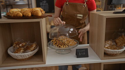 Woman arranging freshly baked pastries in bakery wearing apron, showcasing croissants and danishes in a glass display case, labelled with price, indoor setting in a shop.