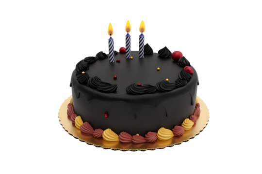 3D render black birthday cake with candle icon, realistic and festive isolated on transparent background