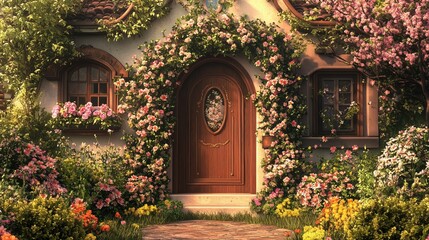 Fototapeta premium Under the golden rays of the sun, the house’s entrance is adorned with a variety of flowers and verdant plants, offering a delightful and welcoming sight.