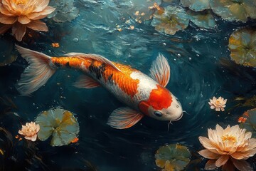 vibrant digital painting of koi fish swimming in crystal clear water, traditional japanese art style meets modern digital techniques