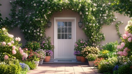 Under the golden rays of the sun, the house&rsquo;s entrance is adorned with a variety of flowers and verdant plants, offering a delightful and welcoming sight.