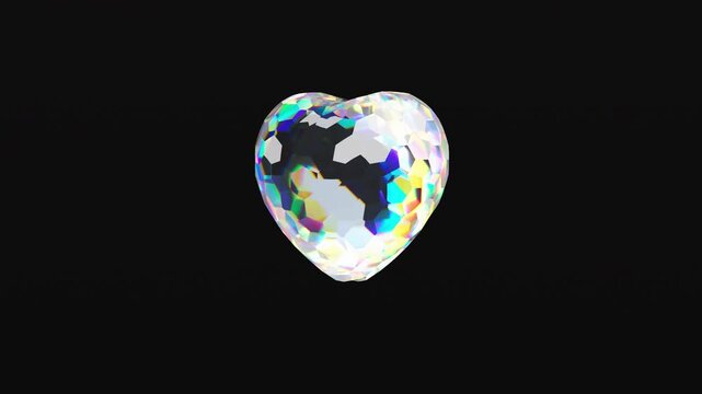 Random rotating diamond 3d heart. Love concept with for Valentines day. Black background. 4k looped animation.