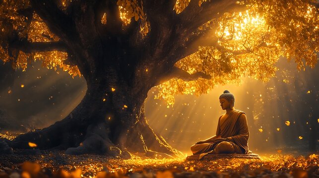 An artistic portrayal of Gautama Buddha sitting under a Bodhi tree with soft golden light, symbolizing enlightenment and tranquility