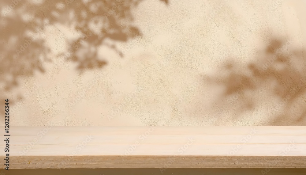 Poster natural beige textured wall with soft tree shadow overlay and light wooden plank foreground, perfect