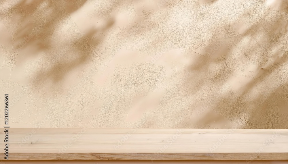 Poster natural beige textured wall with soft tree shadow overlay and light wooden plank foreground, perfect