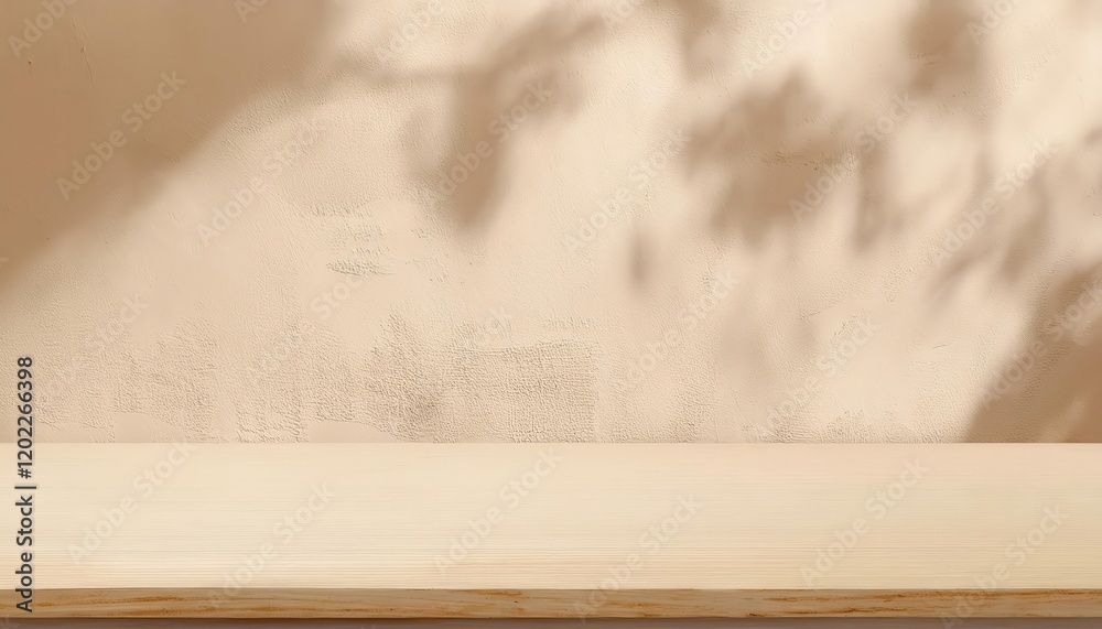 Poster natural beige textured wall with soft tree shadow overlay and light wooden plank foreground, perfect for product display or design backdrop