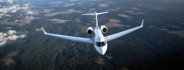 A private jet glides gracefully against a bright blue sky, highlighting the elegance of luxury travel. Below, verdant fields stretch out, creating a stunning backdrop for this aerial view