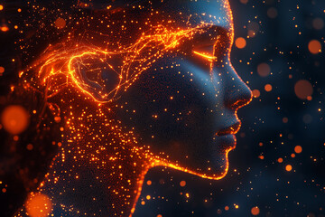 Abstract AI concept: digital particles forming into a glowing head silhouette. Bright lighting, contrast