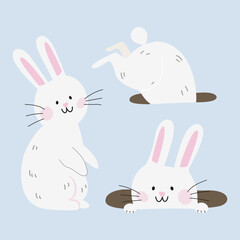 Character design of cute Eater white bunny in flat style. White bunny rabbits in different poses. Vector kawaii rabbit. A cute rabbit peeking out of a hole. Easter holiday