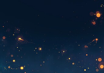 Naklejka premium Grainy black background with glowing firefly particles scattered across the night sky, low angle shot with subtle orange glow, captured from ground level.