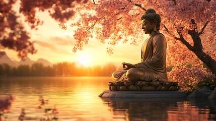 Gautama Buddha meditating by a calm lake at sunrise, symbolizing spiritual awakening and inner peace