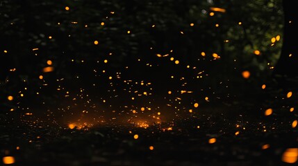 Grainy black background with glowing firefly particles scattered across the night sky, low angle shot with subtle orange glow, captured from ground level.