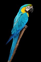 Fototapeta premium Vibrant macaw parrot showcasing brilliant royal blue, teal, and golden-yellow feathers while perched on a branch in a lush tropical setting