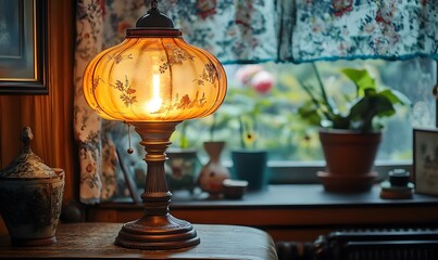 Vintage Lamp on Wooden Table with Floral Curtains and Garden View From Window