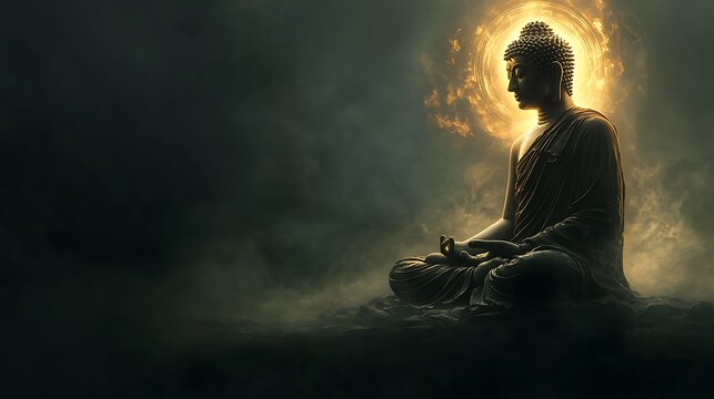 An artistic representation of Gautama Buddha sitting in a meditative pose with a soft glowing aura, symbolizing peace and spiritual energy