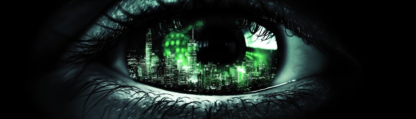 Obraz premium A close-up of an eye reflecting a vibrant green landscape, evoking mystery and intrigue.