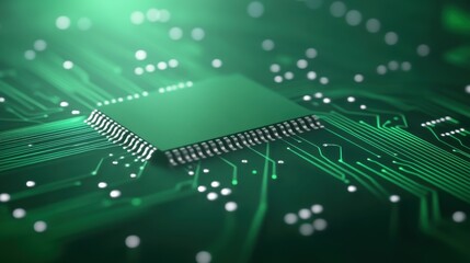Close-Up View of Microprocessor on Circuit Board with Green Background and Digital Technology Concept