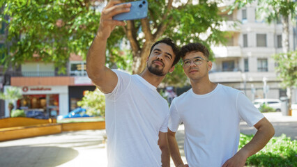 Obraz premium Men taking a selfie together outdoors in a city park, showcasing family love and connection in an urban setting.