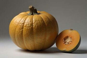 A whole orange pumpkin and a half cut pumpkin with visible seeds