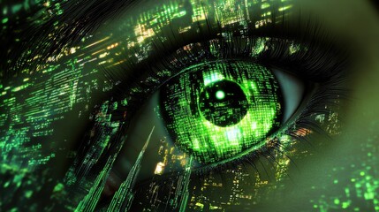 A close-up view of a digital eye with a green, futuristic cityscape overlay.