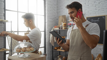 Hispanic men working together in a bakery, with one using a tablet and phone while the other arranges pastries, in a well-lit indoor shop setting.