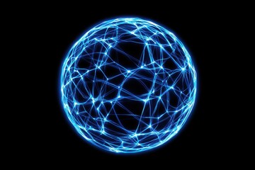 A glowing blue sphere with interconnected lines, representing a network or digital connectivity against a black background.