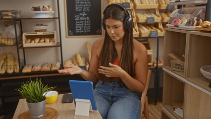 Young woman with brunette hair sitting in a bakery shop, interacting with a tablet while wearing headphones