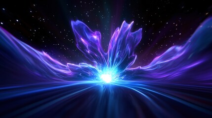 Naklejka premium Cosmic explosion of light in vibrant blue and purple hues with a starry backdrop, ideal for sci-fi art or digital decor.