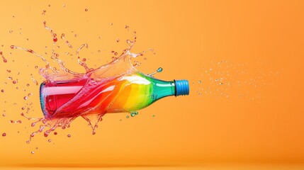 A dynamic image of a colorful liquid splash emerging from a glass bottle set against a vibrant...