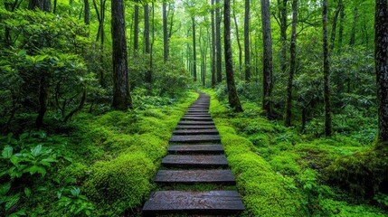 Forest path, mossy stairs, lush greenery, tranquil scene, nature background, ideal for travel brochure