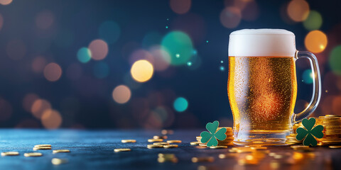Glass of beer with clover and leprechaun gold. St. Patrick's Day celebration concept. Image for greeting card, banner with copy space.