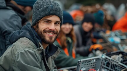 Fototapeta premium Close-up of employees volunteering at a community recycling drive for electronic waste disposal.