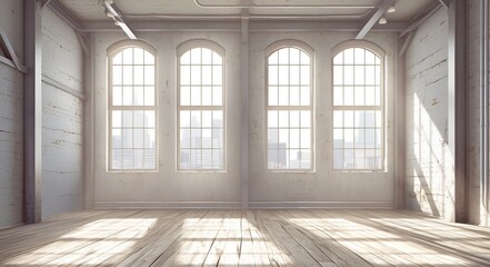 Obraz premium Spacious empty room with white brick walls and wooden floors, offering a view of the city through large windows